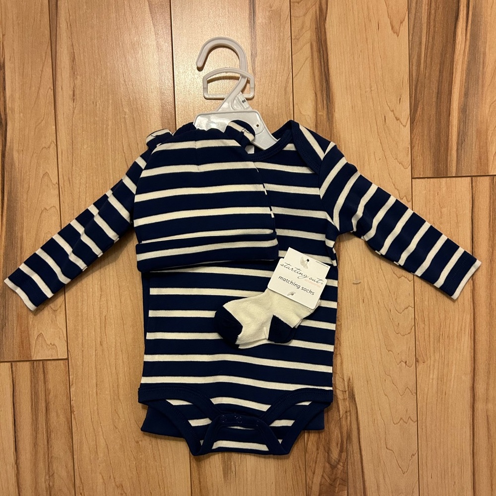 NWOT Starting Out Navy Striped Navy Blue 3 Pc. Outfit (Size: 6 Months)